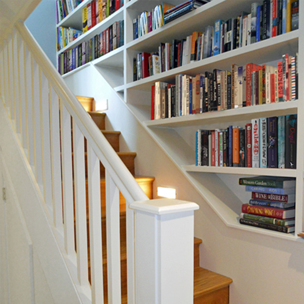 Example of a mid-sized trendy wooden l-shaped staircase design in San Francisco with wooden risers
