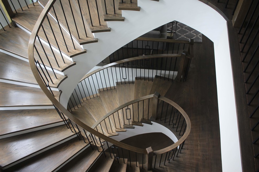 ワシントンD.C.にある高級な広いトランジショナルスタイルのおしゃれなサーキュラー階段 (木の蹴込み板、混合材の手すり) の写真