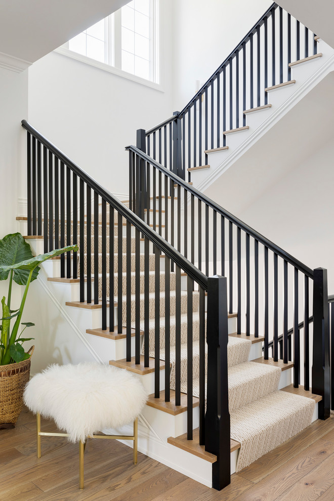 Photo of a medium sized nautical carpeted l-shaped wood railing staircase in Minneapolis with painted wood risers.