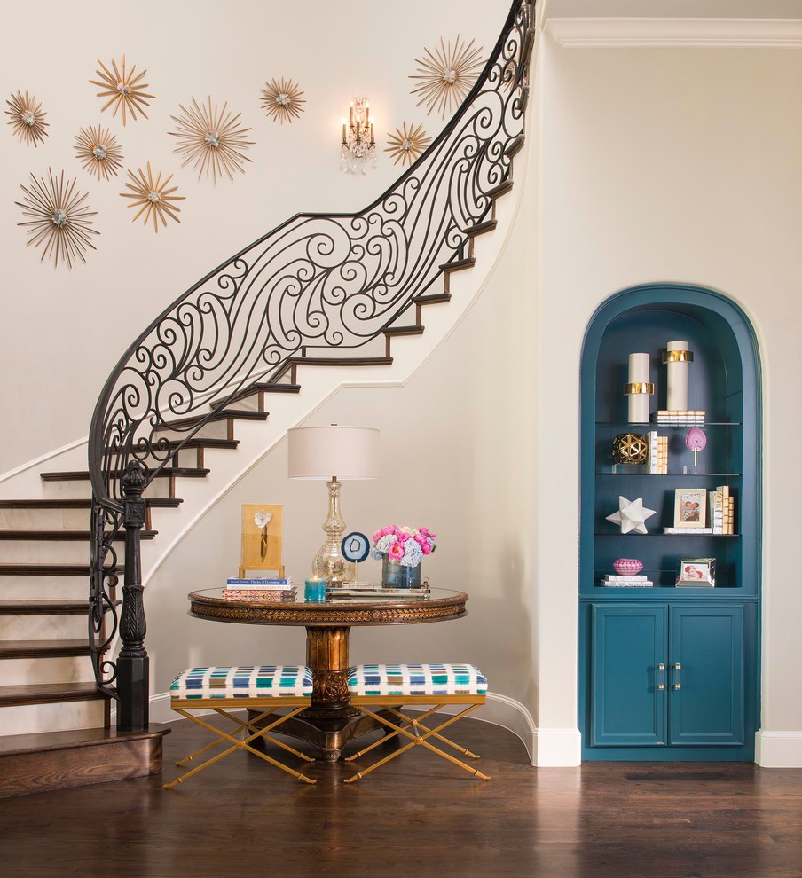 Inspiration for a traditional staircase in Dallas with feature lighting.