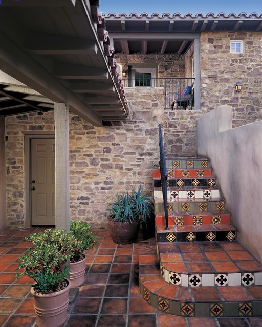 Colorful Tile Staircase With Rustic, Rustic Stone Tile