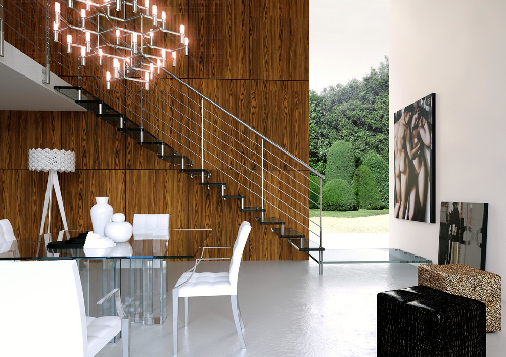Gerade, Große Moderne Treppe mit Acrylglas-Treppenstufen und offenen Setzstufen in Barcelona