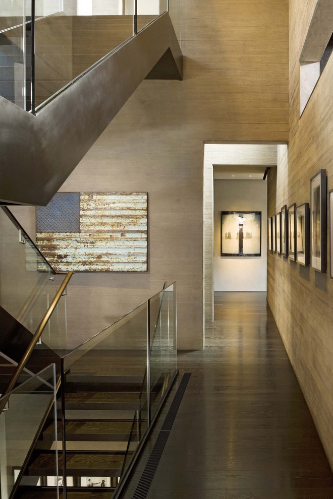 Mid-sized trendy wooden floating open staircase photo in Denver