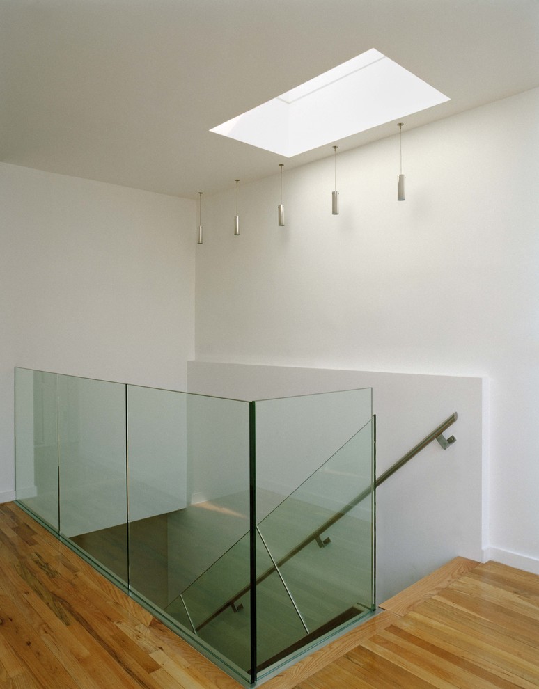 Immagine di una scala a rampa dritta minimalista di medie dimensioni con pedata in legno, alzata in vetro e parapetto in metallo