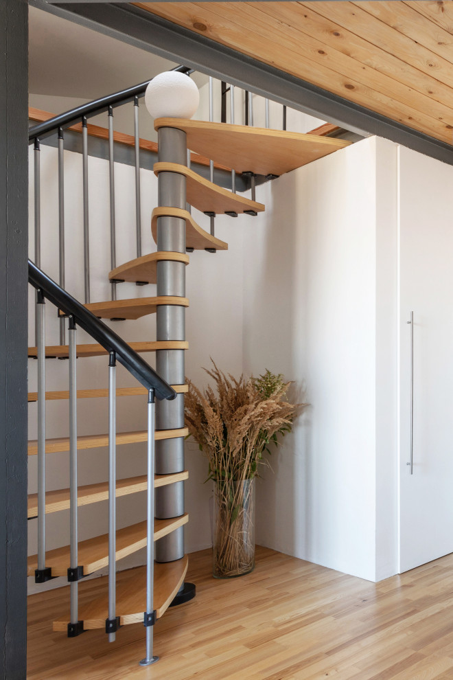 Идея дизайна: винтовая лестница в современном стиле с деревянными ступенями без подступенок