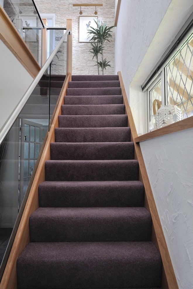 Cette image montre un escalier droit design de taille moyenne avec des marches en moquette, des contremarches en bois et un garde-corps en bois.