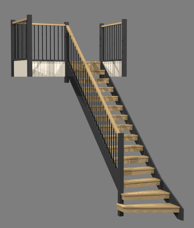 Exempel på en mellanstor modern rak trappa i trä, med öppna sättsteg och räcke i flera material