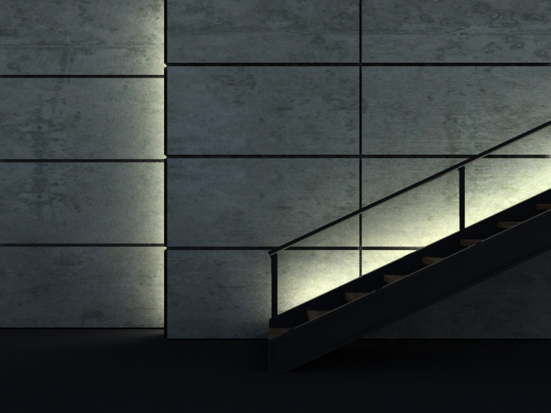Imagen de escalera recta actual de tamaño medio sin contrahuella con escalones de madera y barandilla de metal