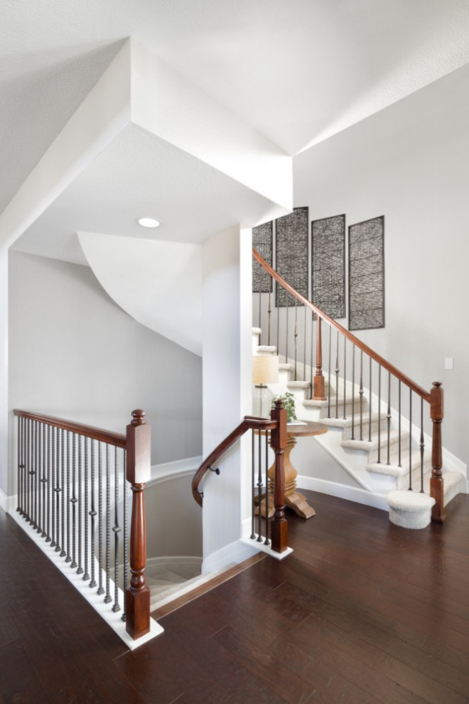 Mid-sized trendy wooden curved metal railing staircase photo in Denver with carpeted risers