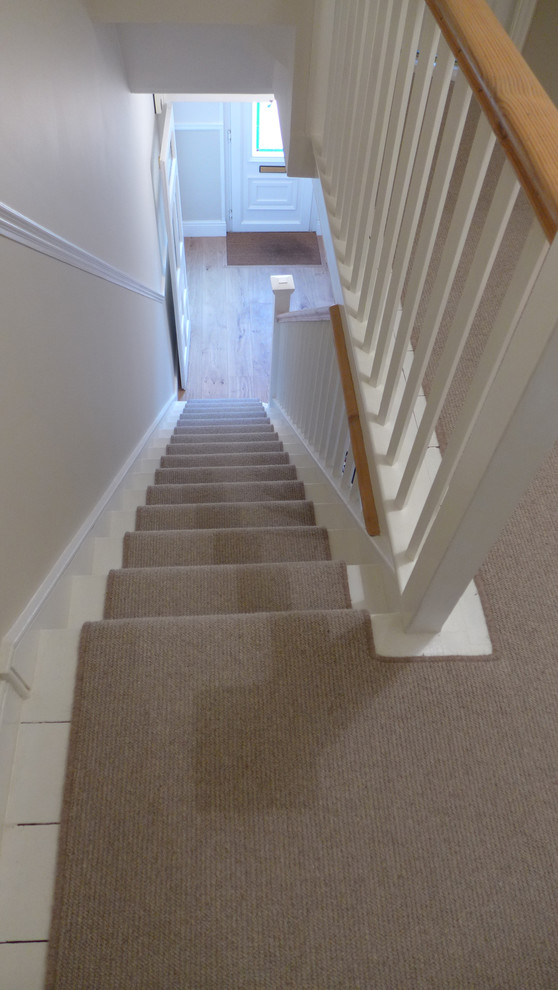 Réalisation d'un escalier droit design de taille moyenne avec des marches en moquette et des contremarches en moquette.