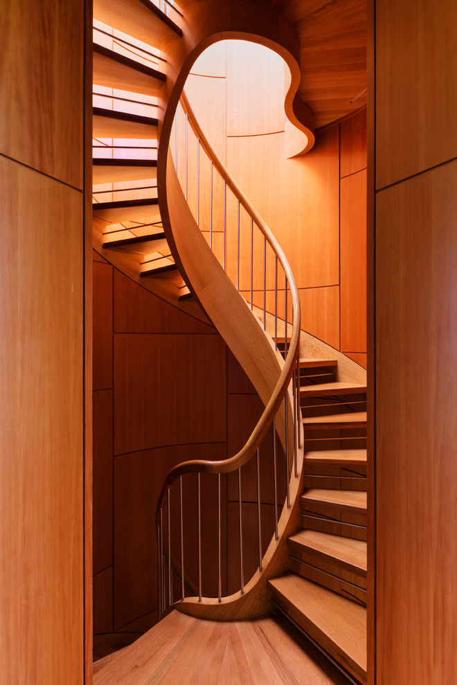 Cette image montre un escalier sans contremarche courbe design avec des marches en bois.