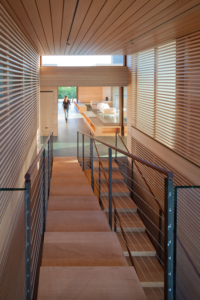 Imagen de escalera recta actual grande con escalones de madera y contrahuellas de madera