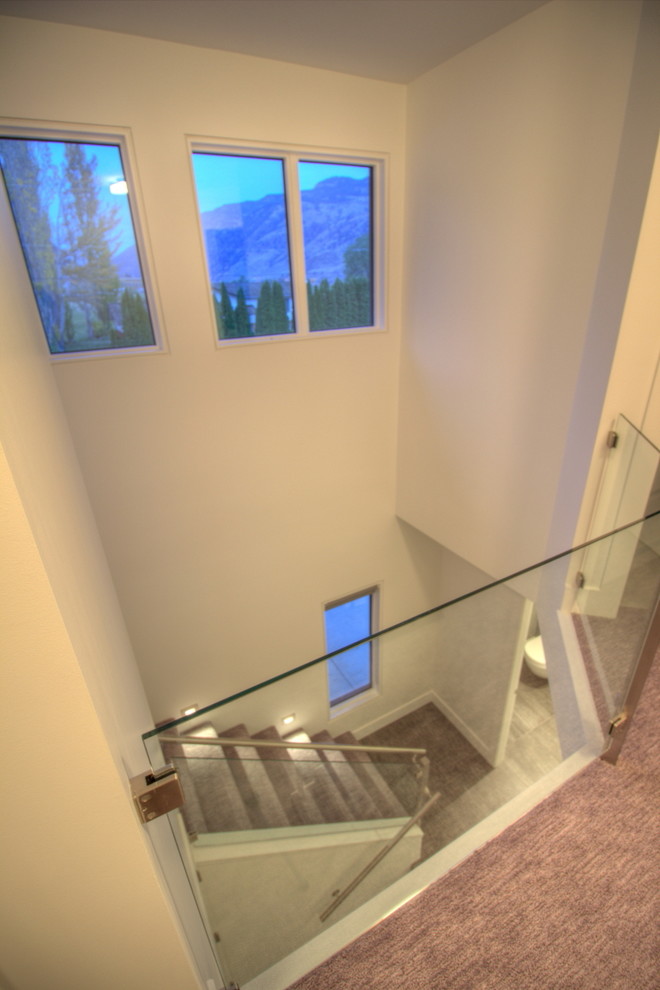 Пример оригинального дизайна: п-образная лестница среднего размера в современном стиле с ступенями с ковровым покрытием и ковровыми подступенками