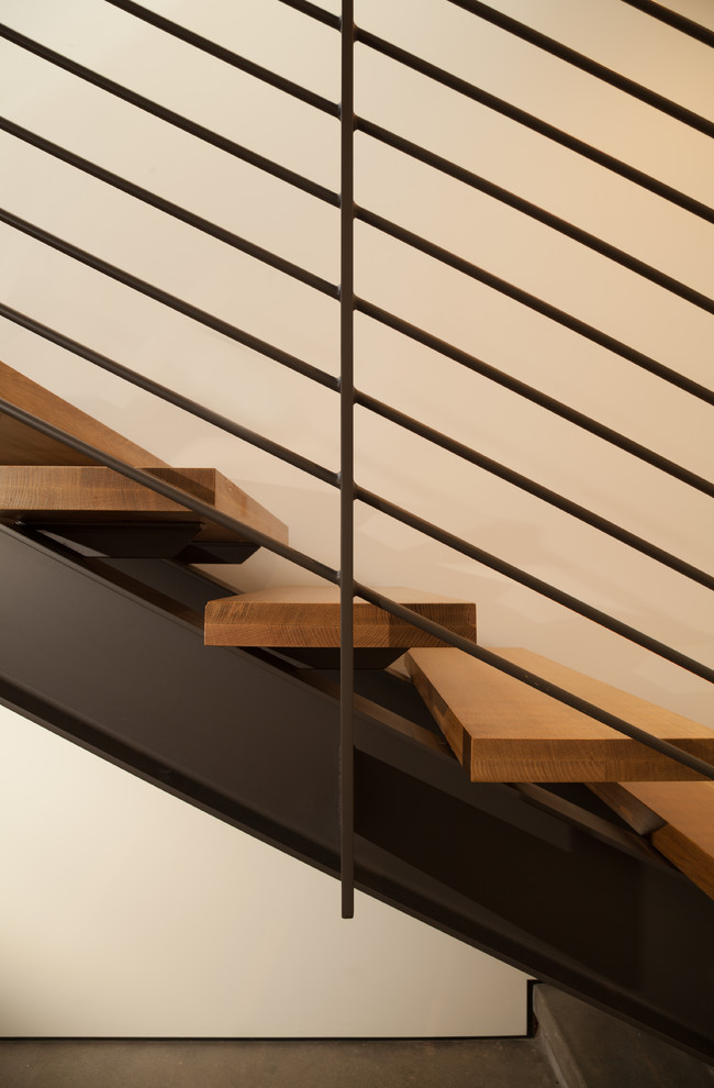 Пример оригинального дизайна: большая прямая лестница в стиле модернизм с деревянными ступенями и деревянными перилами без подступенок