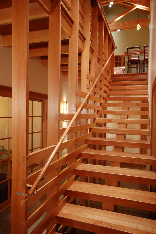 Modelo de escalera recta de estilo americano pequeña sin contrahuella con escalones de madera