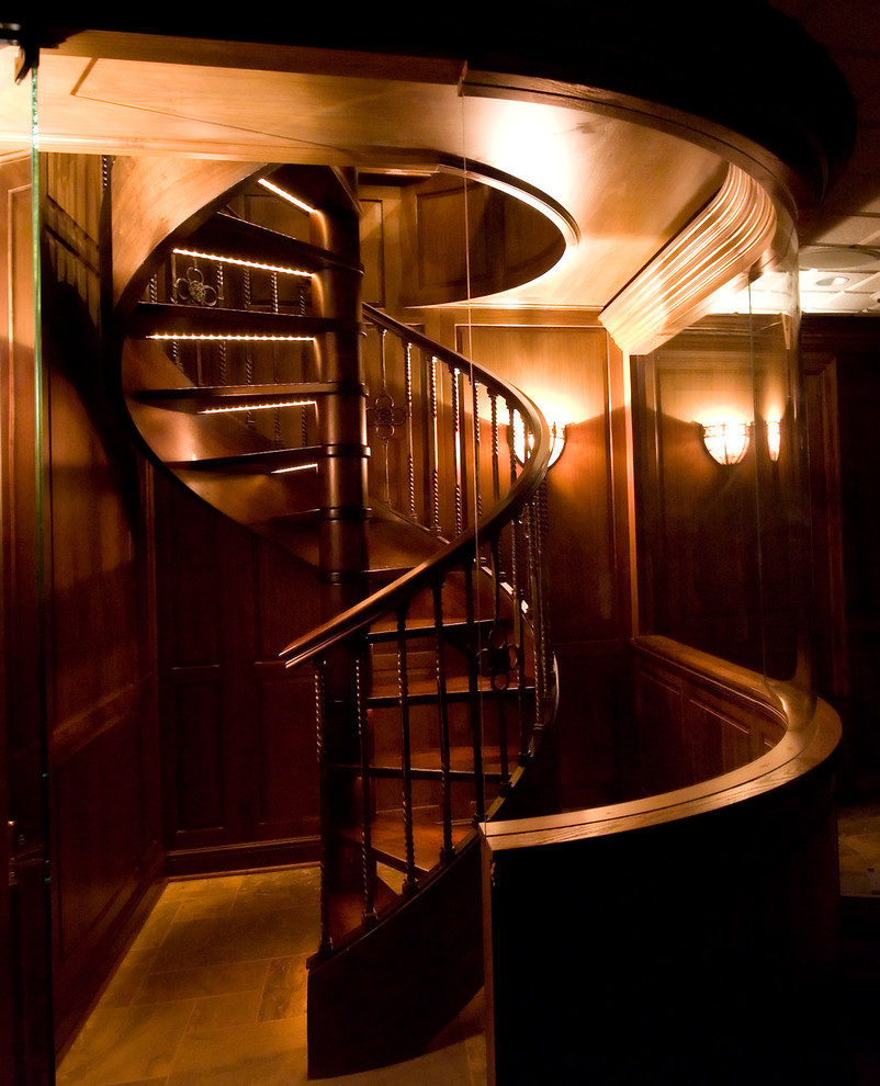 Mid-sized elegant wooden spiral open and wood railing staircase photo in Other