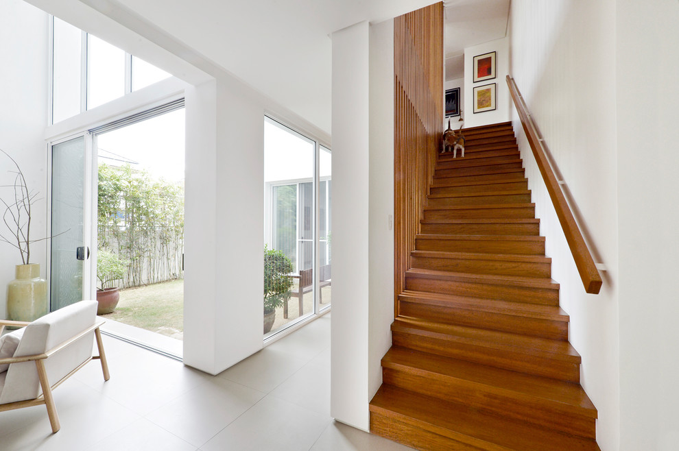 Design ideas for a medium sized contemporary wood straight wood railing staircase in Other with wood risers.
