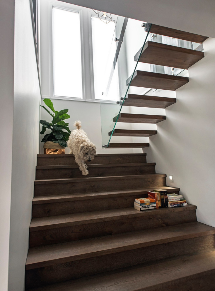 На фото: п-образная деревянная лестница в современном стиле с деревянными ступенями и стеклянными перилами с