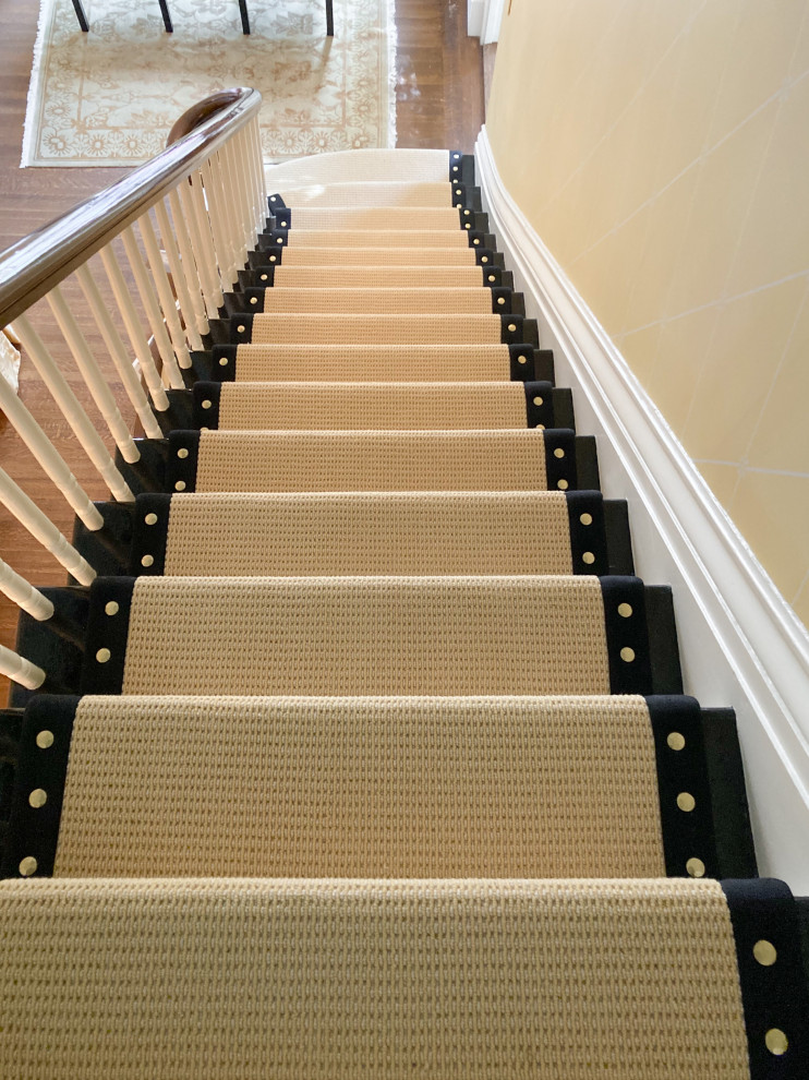 Custom Stair Runner with Nail Heads and Black Wide Binding Staircase