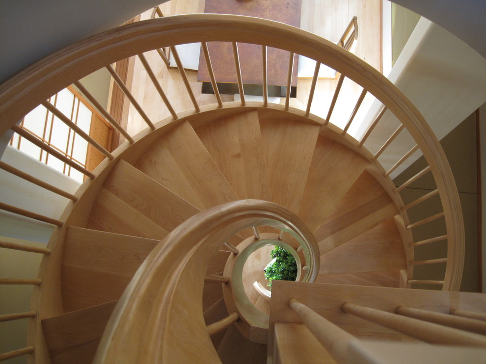 This is an example of a small world-inspired wood spiral staircase in San Francisco with open risers.