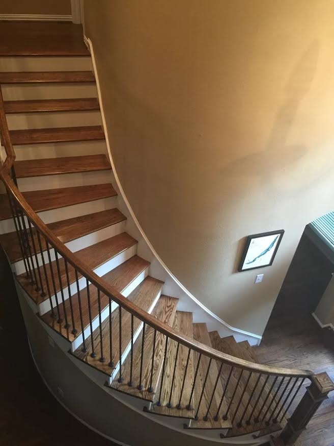 Réalisation d'un grand escalier peint courbe design avec des marches en bois et un garde-corps en métal.
