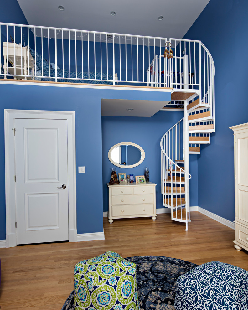 This is an example of a large traditional wood spiral staircase in New York with open risers.