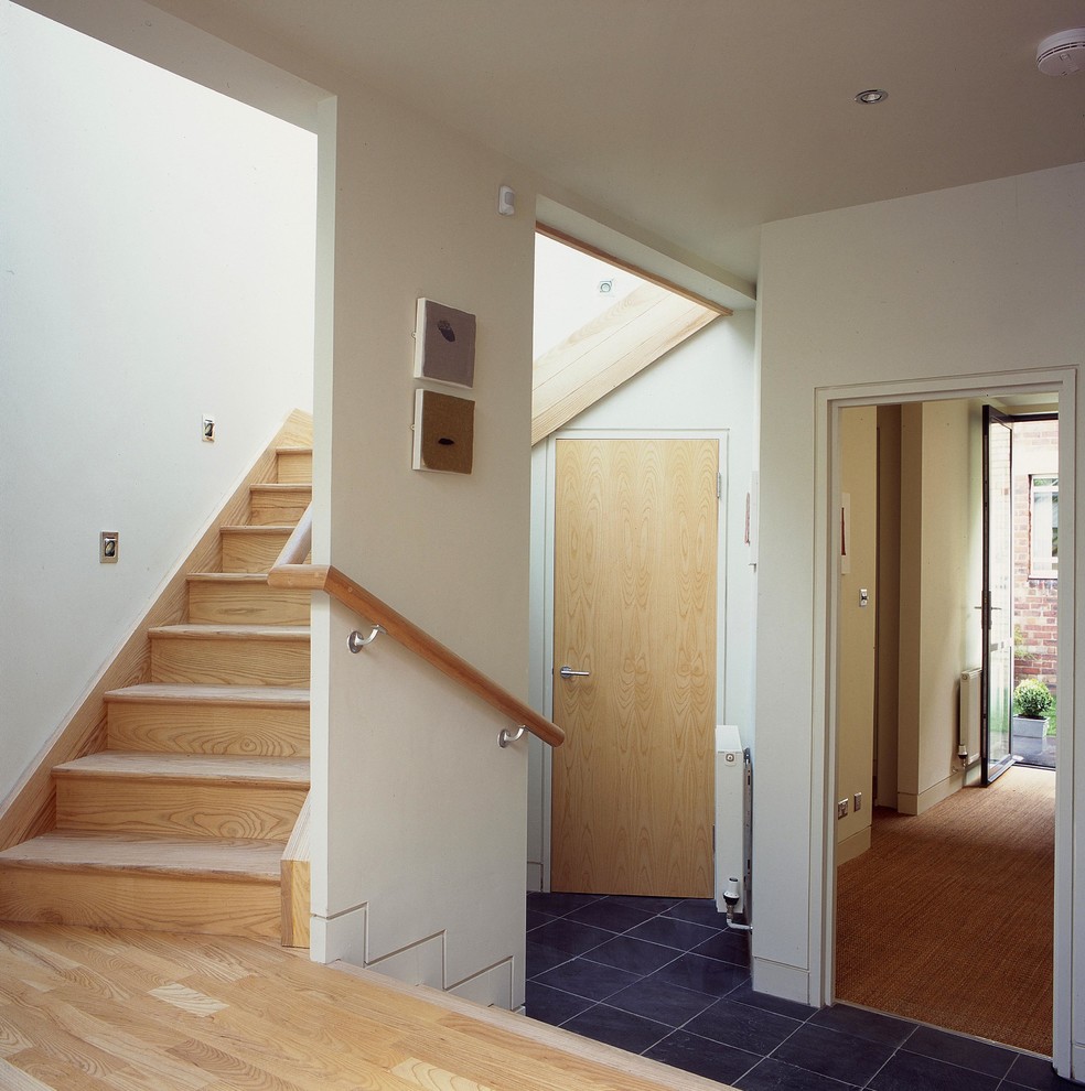Example of a small trendy wooden l-shaped staircase design in Edinburgh with wooden risers