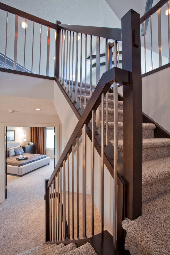 Gerade Moderne Treppe mit Teppich-Treppenstufen und Teppich-Setzstufen in Calgary