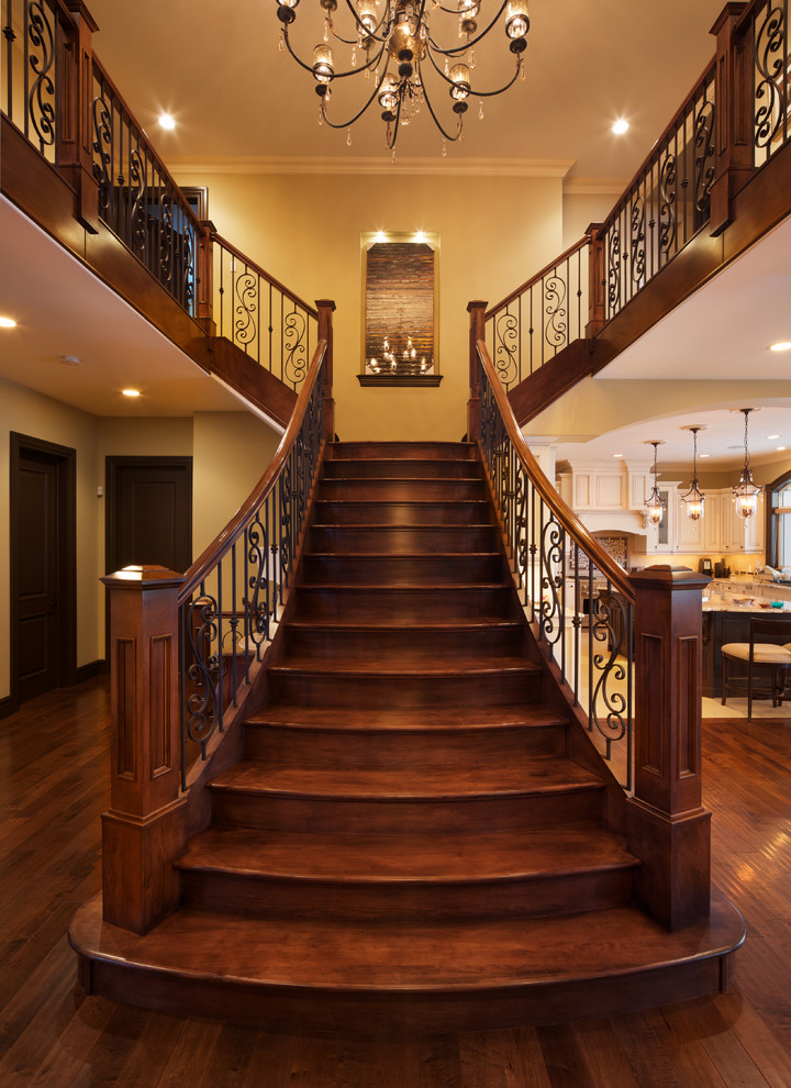 Example of a classic wooden straight staircase design in Edmonton with wooden risers