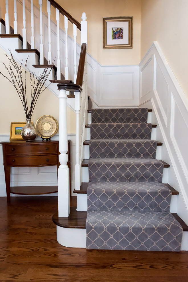 Elegant Stairway with blue and cream - Traditional - Staircase - Boston ...