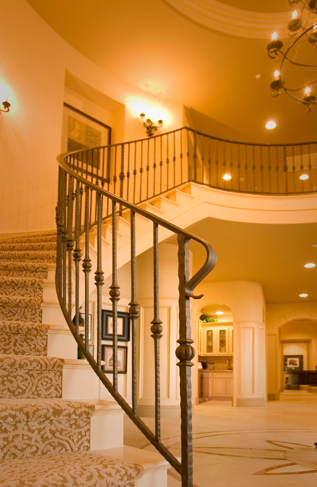 Идея дизайна: изогнутая лестница среднего размера в классическом стиле с ступенями с ковровым покрытием, ковровыми подступенками и металлическими перилами