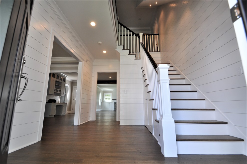 Staircase - mid-sized coastal wooden l-shaped wood railing staircase idea with painted risers