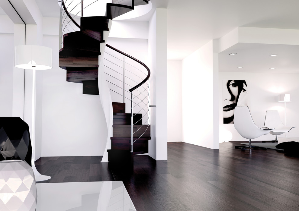 Источник вдохновения для домашнего уюта: большая винтовая деревянная лестница в современном стиле с деревянными ступенями