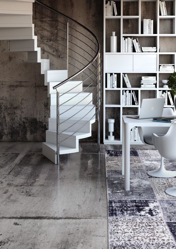 Kleine, Gewendelte Moderne Treppe mit gebeizten Holz-Treppenstufen und gebeizten Holz-Setzstufen in Barcelona