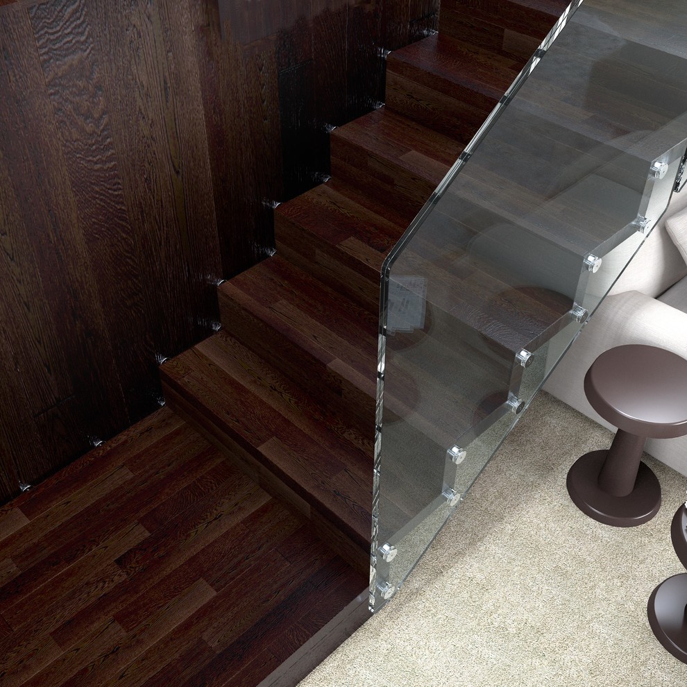 Contemporary wood straight staircase in Barcelona with wood risers.