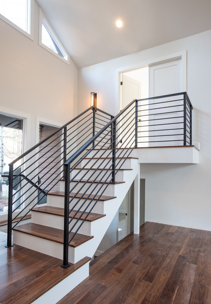 Inspiration pour un escalier peint droit design de taille moyenne avec des marches en métal et un garde-corps en métal.