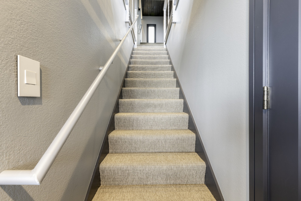 Exempel på en mellanstor modern rak trappa, med heltäckningsmatta, sättsteg med heltäckningsmatta och räcke i metall