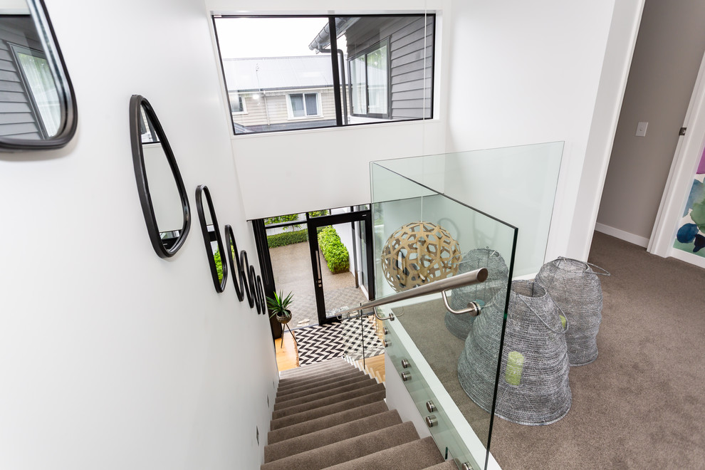 Idéer för en stor modern rak trappa, med heltäckningsmatta, sättsteg med heltäckningsmatta och räcke i glas