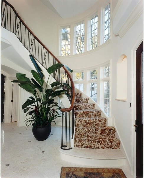 Cette image montre un très grand escalier courbe traditionnel avec des marches en moquette et des contremarches en moquette.