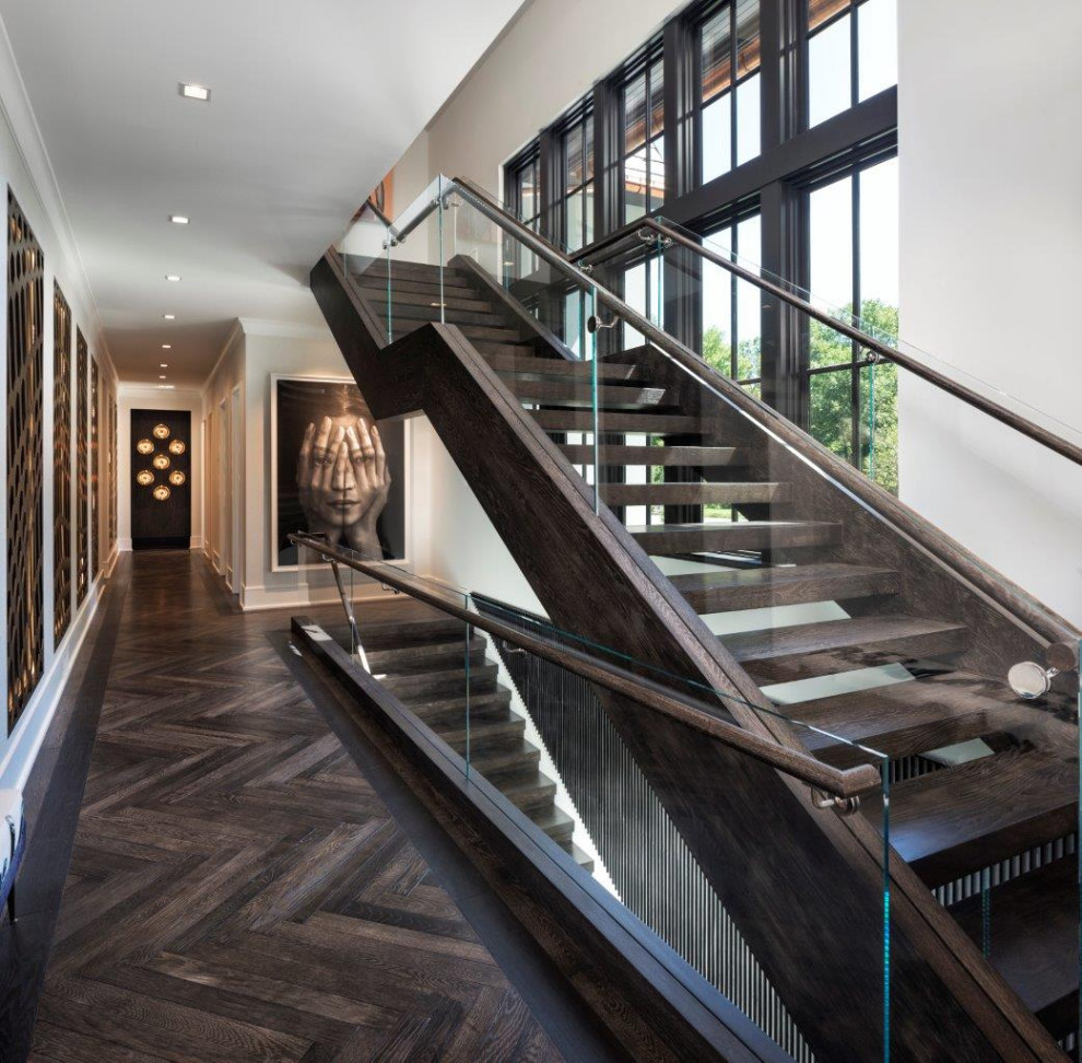 Staircase - contemporary wooden open and mixed material railing staircase idea in Minneapolis