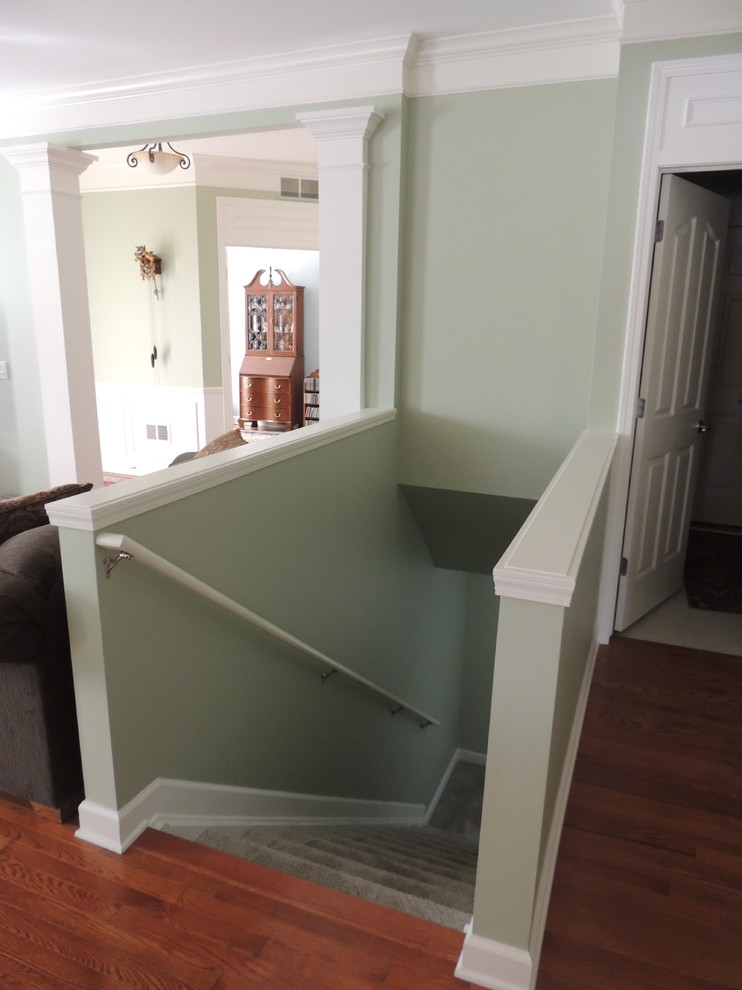 Cette image montre un escalier droit traditionnel de taille moyenne avec des marches en moquette et des contremarches en moquette.