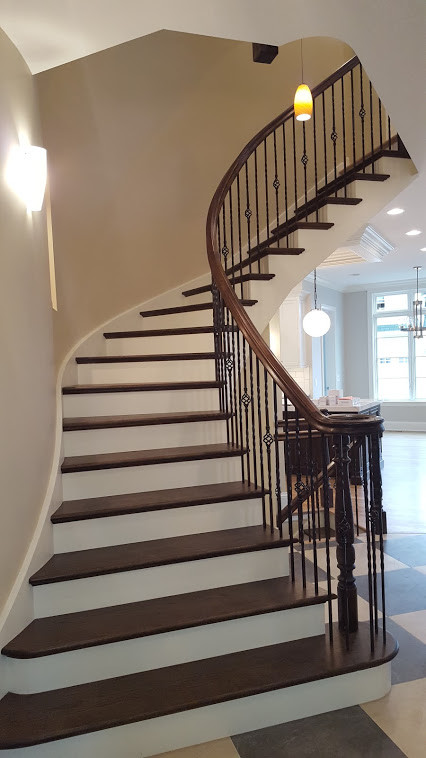 Idées déco pour un escalier peint courbe classique de taille moyenne avec des marches en bois et un garde-corps en matériaux mixtes.