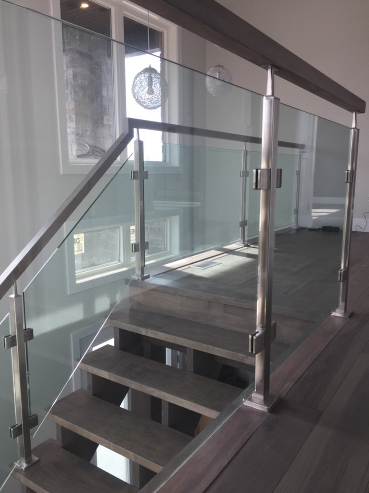 Design ideas for a contemporary wood straight glass railing staircase in Other with open risers.