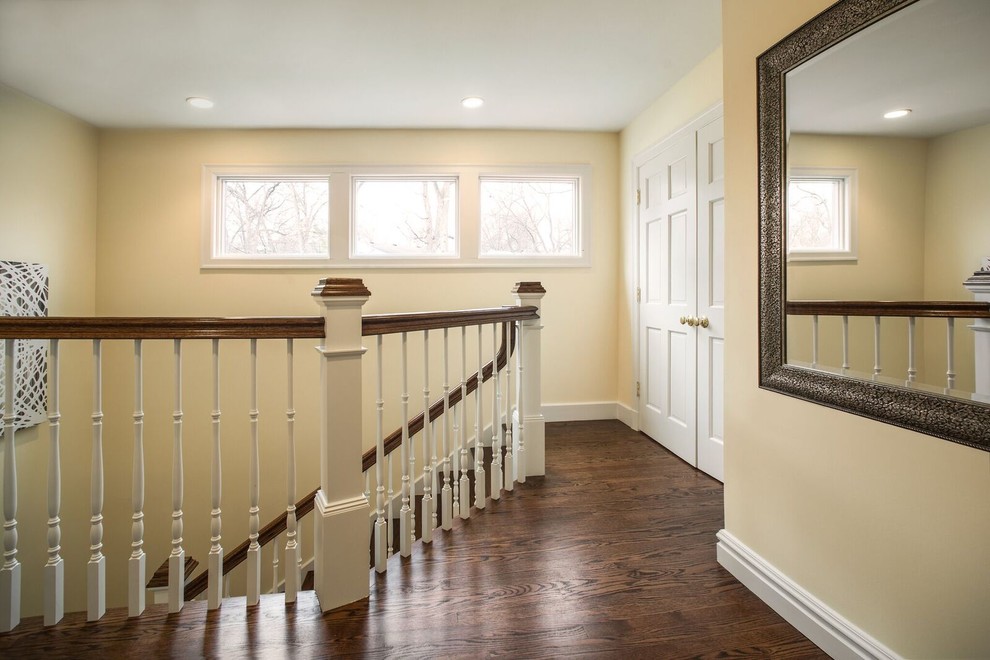 Mid-sized elegant wooden u-shaped wood railing staircase photo in St Louis with painted risers