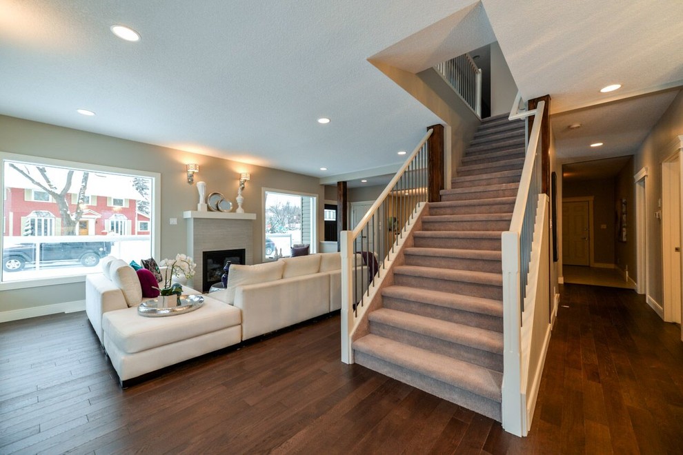 Стильный дизайн: прямая лестница среднего размера в современном стиле с ступенями с ковровым покрытием, ковровыми подступенками и деревянными перилами - последний тренд