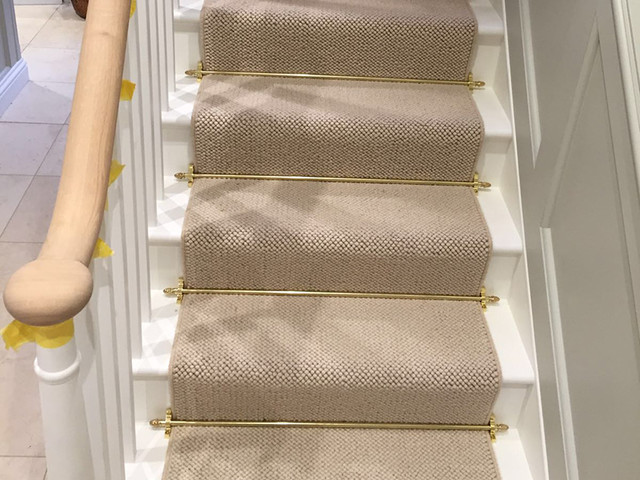 Grey Carpet with Brass Stair Rods to Stairs - Transitional - Staircase -  London - by The Flooring Group Ltd | Houzz UK