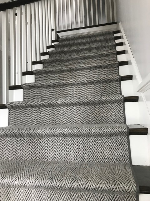 Grey Herringbone on Dark Stairs - Hollywood Style - Staircase - Boston - by  The Carpet Workroom | Houzz