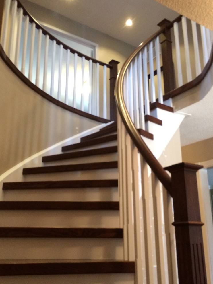 Imagen de escalera curva tradicional grande con escalones de madera y contrahuellas de madera pintada