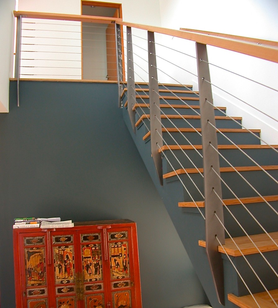 Staircase - mid-sized modern wooden straight staircase idea in Los Angeles with painted risers
