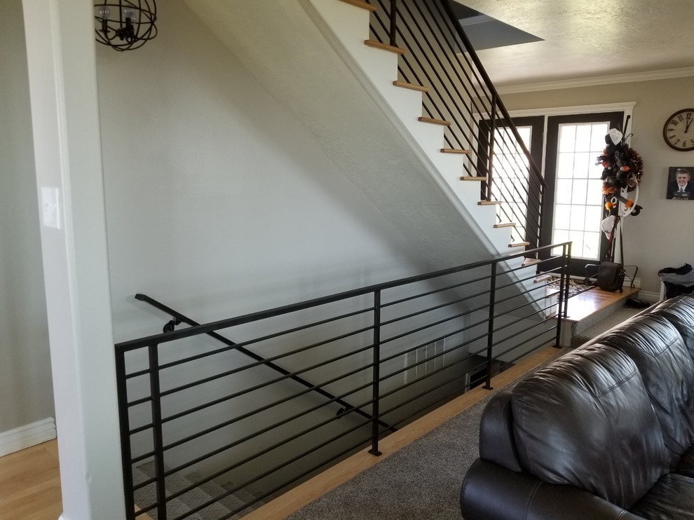 Medium sized contemporary wood floating metal railing staircase in Other with painted wood risers.